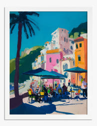 Vibrant Seaside Café Scene Art Print - White