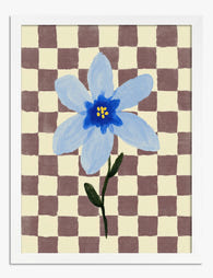 Blue Blossom on Checkered Art Print - White