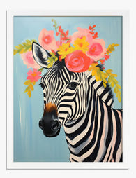 Zebra with Floral Crown Art Print - White