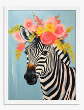 Zebra with Floral Crown Art Print - White