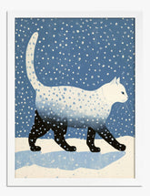 Snowfall Stroll Cat Art Print - White