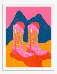 Glitter Western Boots Art Print - White