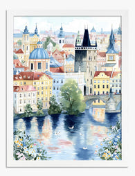 Prague Watercolor Skyline Art Print White