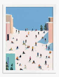 Winter City Ski Scene Art Print - White