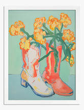 Floral Cowboy Boots Art Print - White