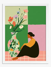 Serene Muse with Florals Art Print White