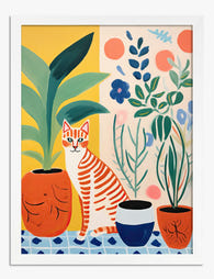 Matisse-Inspired Cat & Plants Art Print - White