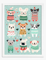 Cozy Pups in Sweaters Art Print - White