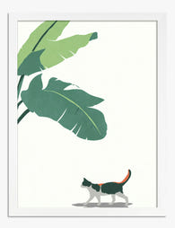 Cat Stroll Under Banana Leaves Art Print - White