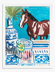 Blue Table Horse Vibe Art Print - White