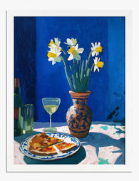 Daffodils & Pizza Still Life Art Print - White