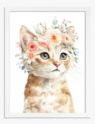 Floral Crowned Cat Art Print - White
