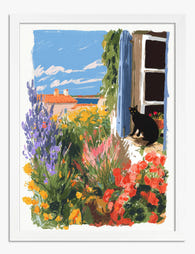 French Garden Cat View Art Print - White