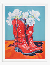 Bold Blooms in Boots Art Print - White