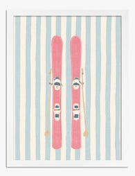 Pink Ski Set on Stripes Art Print White