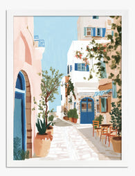 Sunlit Santorini Lane Art Print - White