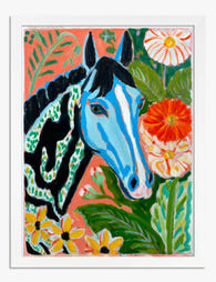Blue Horse in Bloom Art Print - White