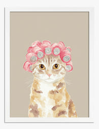 Cat with Pink Curlers Art Print - White