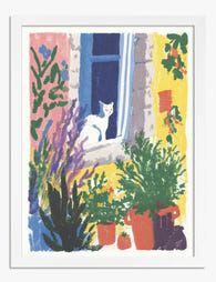 Cat at the Sunlit Window Art Print - White