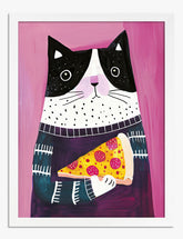 Cat & Pizza Night Art Print - White
