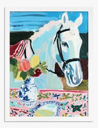 Painted Horse & Florals Art Print White