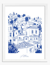 Blue Athens Skyline Art Print - White