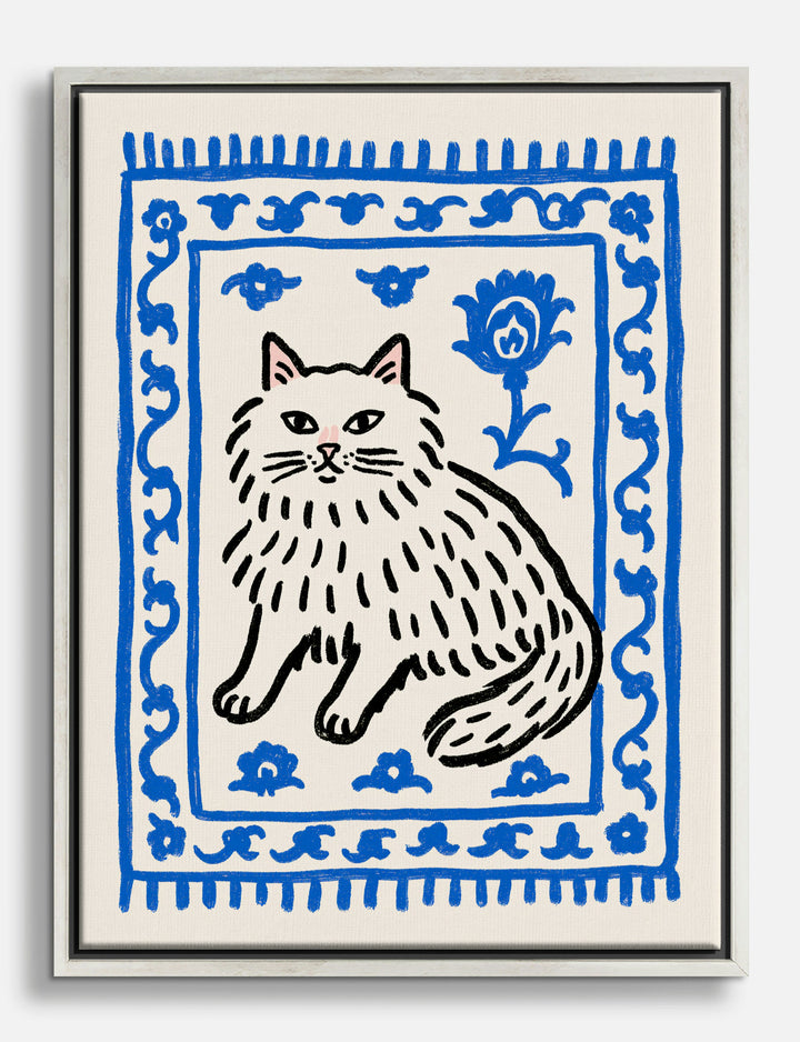 Blue Rug Cat Canvas Print Silver