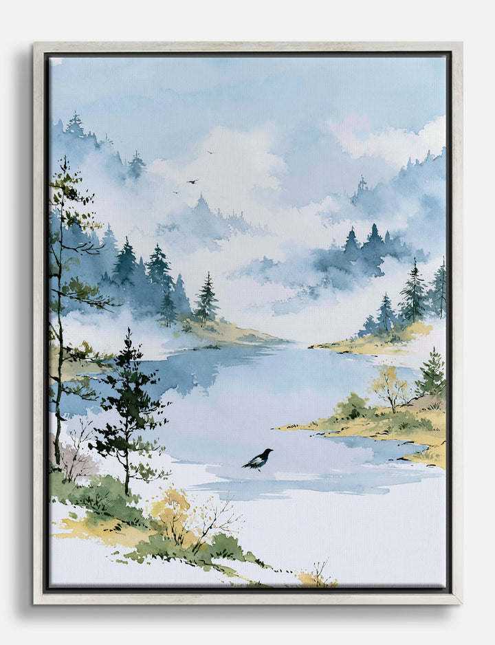Misty Lake with Magpie Canvas Print Silver