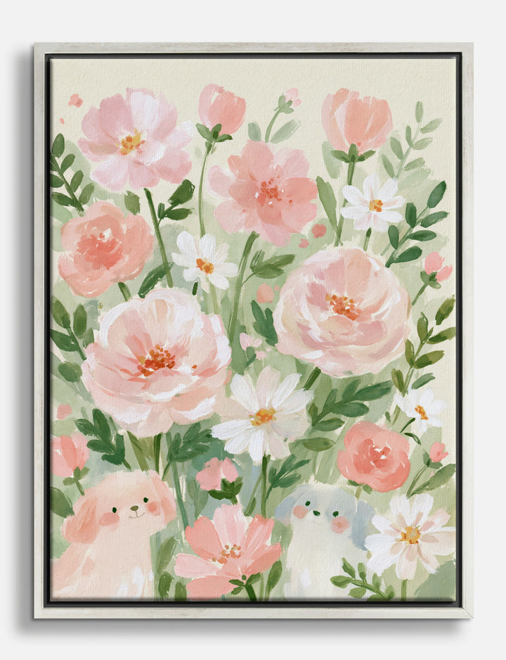 Puppies in the Blossom Meadow Canvas Print Silver