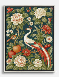 Peacock & Peonies Heritage Botanical Canvas Print Silver