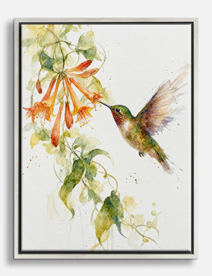 Hummingbird and Trumpet Flowers Canvas Print Silver