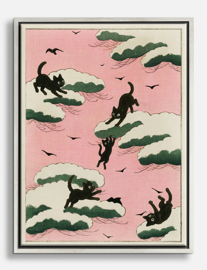Playful Cats in Pink Clouds Canvas Print Silver