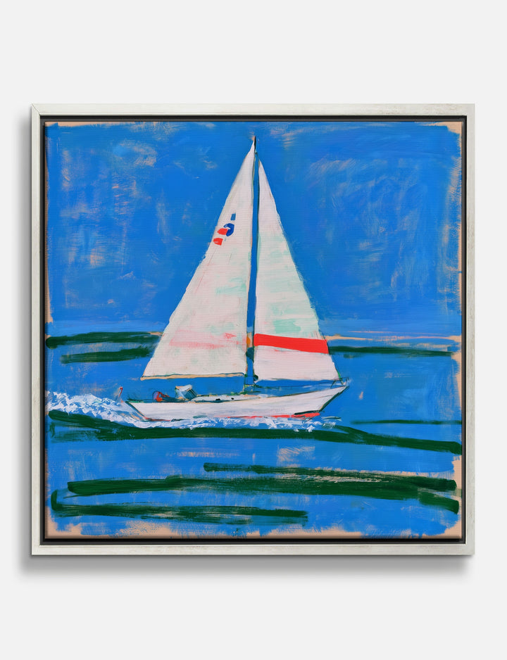 Bright Blue Sailboat Canvas Print Silver