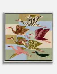 Folk Cranes in Flight Canvas Print Silver
