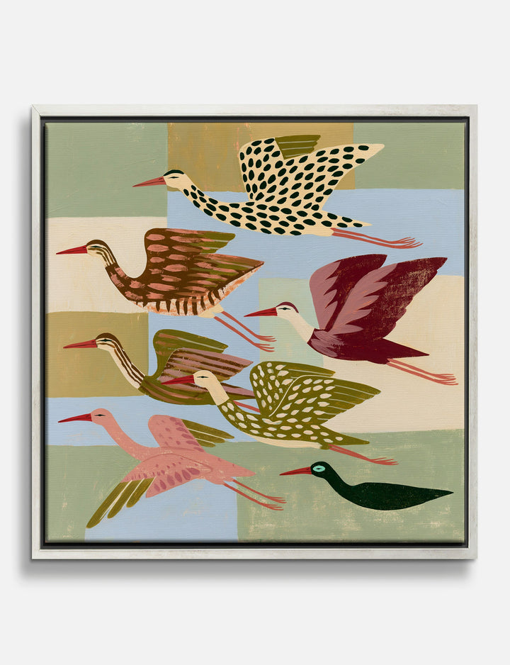 Folk Cranes in Flight Canvas Print Silver