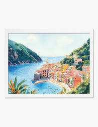 Vibrant Coastal Village Art Print White