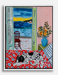 Seaside Morning with Dog Canvas Print White