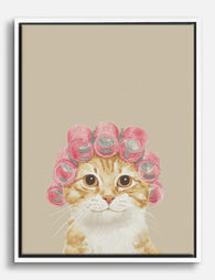 Cat with Pink Curlers Canvas Print White
