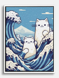 Hokusai Wave Kawaii Cats Canvas Print White