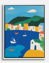 Vibrant Coastal Village Canvas Print White