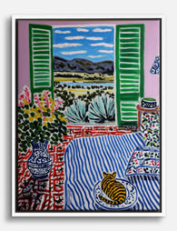 Sunlit Retreat with Cat Canvas Print White