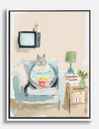 Cozy Cat Movie Night Canvas Print White