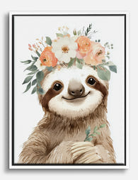 Floral Crowned Sloth Canvas Print White