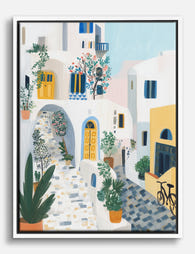 Sunlit Santorini Streets Canvas Print White
