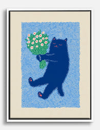 Midnight Cat & Blossoms Canvas Print White
