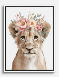 Floral Crowned Lion Cub Canvas Print White