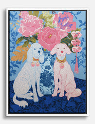 Playful Pups & Peonies Canvas Print White