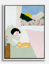 Cozy Morning with Cat Canvas Print White