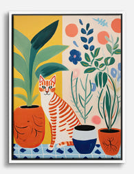 Playful Cat & Botanicals Canvas Print White