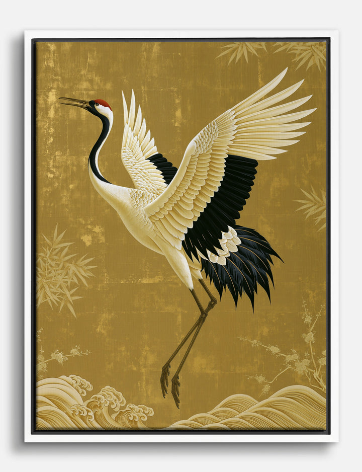Dancing Crane on Gold Canvas Print White
